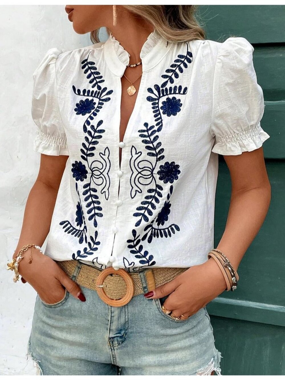 Women's Summer Top Ruffle V Neck Navy White Puff Short Sleeve Button Down Blouse - Picture 7 of 7